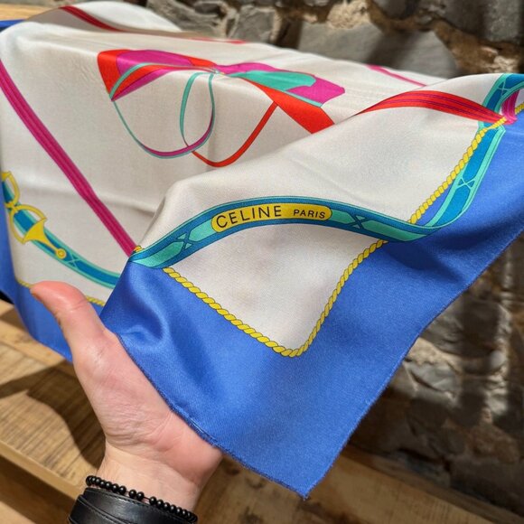 Celine Vintage Ivory Blue Hat Print Silk Square Scarf - Picture 5 of 9
